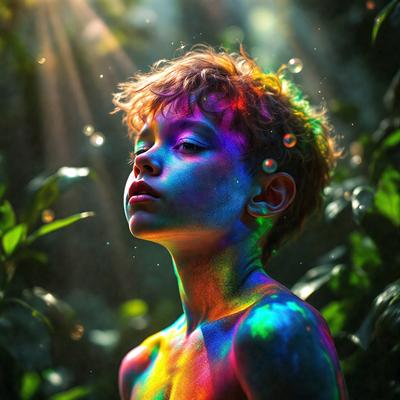 The primary subject of the image is a young boy with colorful, rainbow-colored paint on his face and body. He is standing in a forest, surrounded by green trees and leaves. The visual style of the image is a combination of photo and digital art, creating a unique and vibrant atmosphere. The colors and mood of the image are lively and joyful, with the boy's face and body being the main focus of the scene.